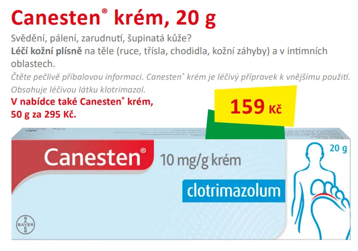 Balení Canesten krém 20 g. Zobrazená akční cena 165 Kč.